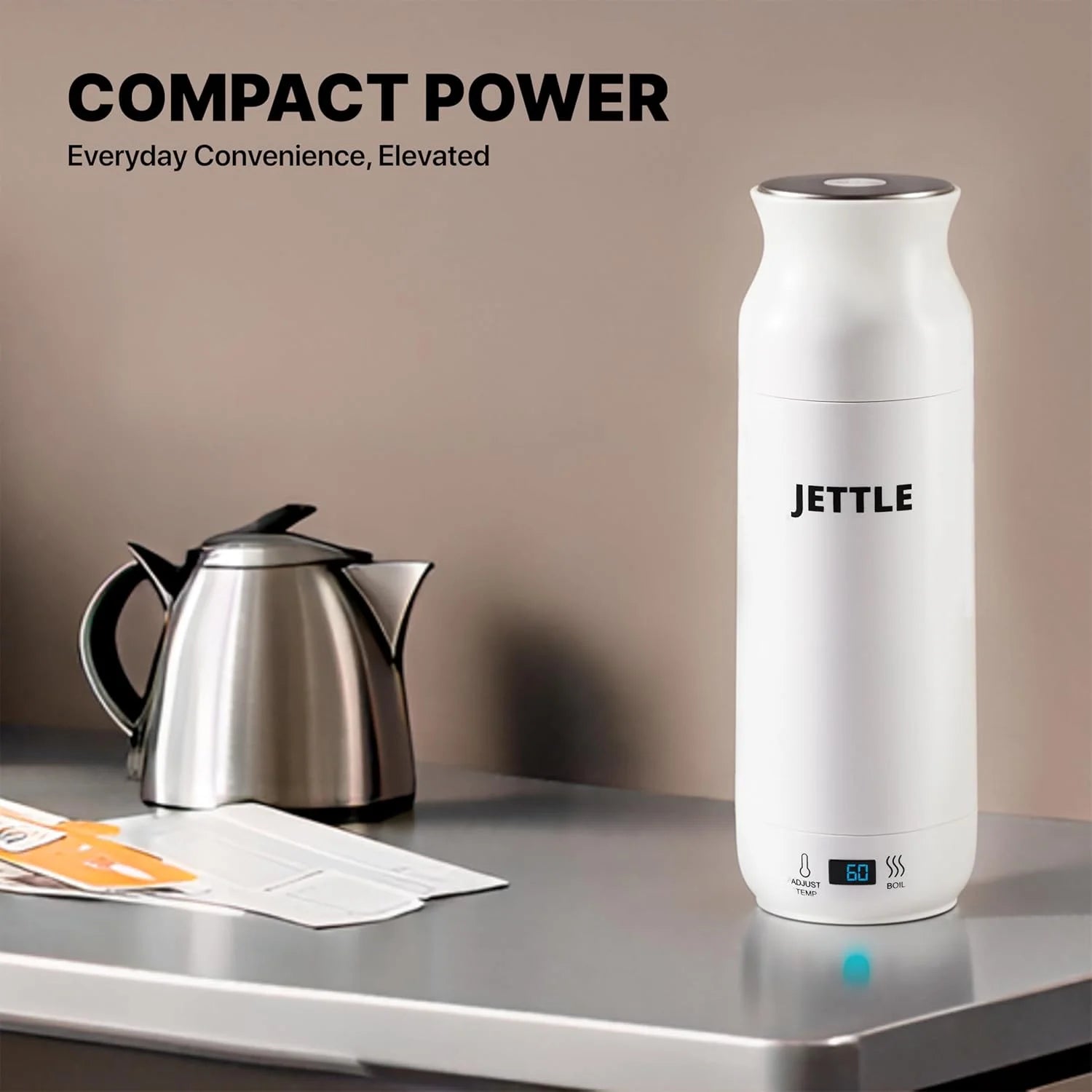 Travel Electric Kettle 450Ml - Portable Bottle-Style Water Heater with Temperature Control & Auto Shut-Off - Stainless Steel for Tea, Coffee & Soup - White