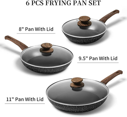 Frying Pan Set - 3 Pcs Nonstick Skillets with Lids, PFOA Free, Induction Compatible, Black