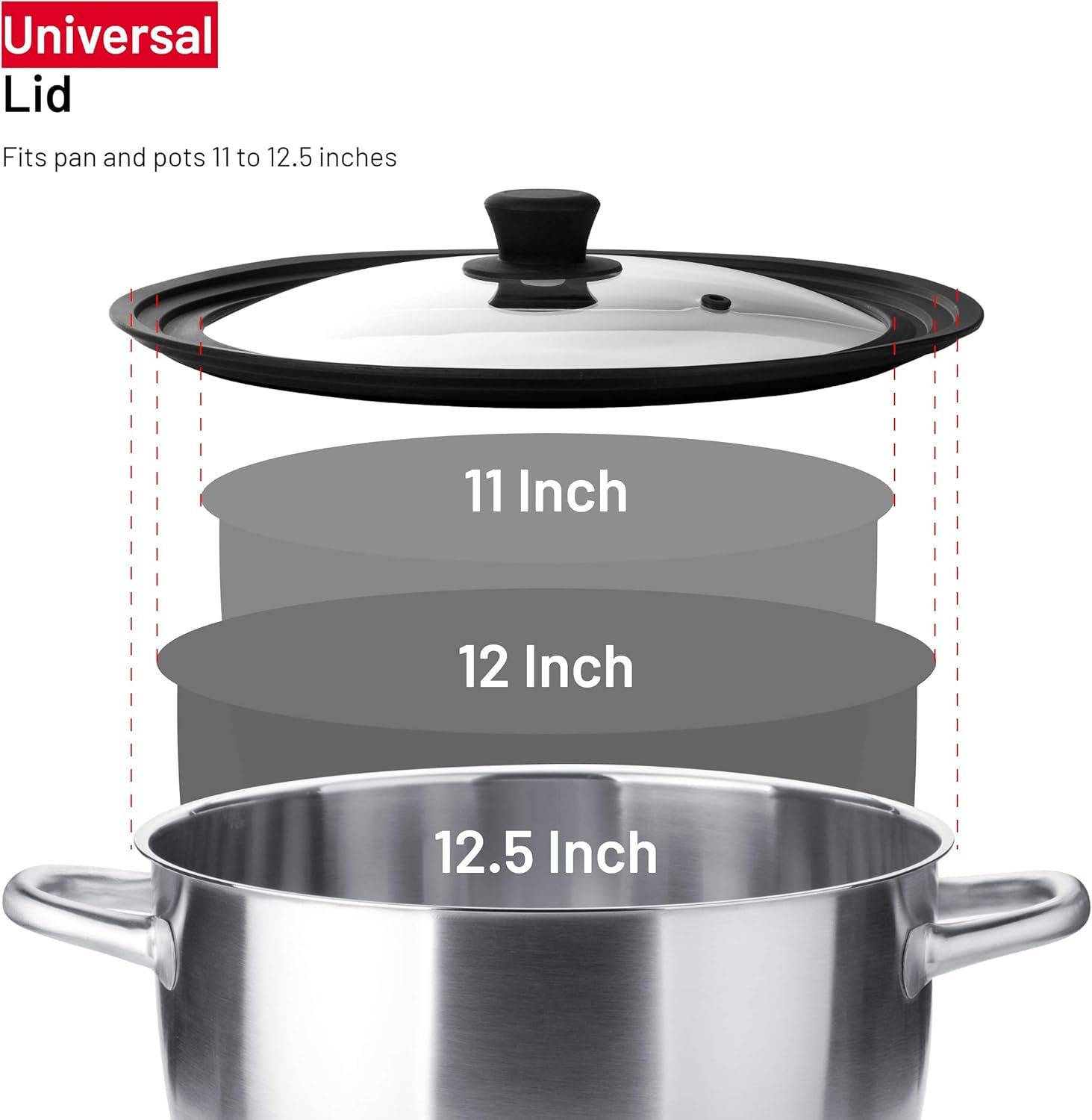 Universal Lids for Pots, Pans and Skillets - Tempered Glass with Vented Silicone Rim and Heat-Resistant Handle - Fits Multiple Cookware Sizes - Dishwasher & Microwave Safe (Single, 11",12",12.5")