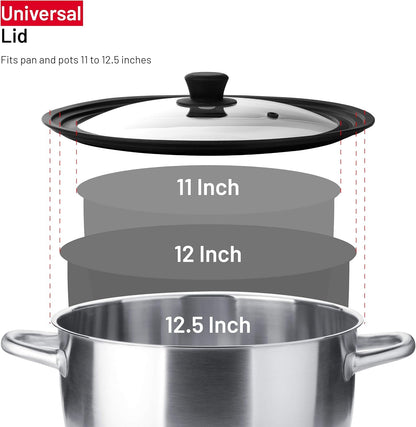 Universal Lids for Pots, Pans and Skillets - Tempered Glass with Vented Silicone Rim and Heat-Resistant Handle - Fits Multiple Cookware Sizes - Dishwasher & Microwave Safe (Single, 11",12",12.5")