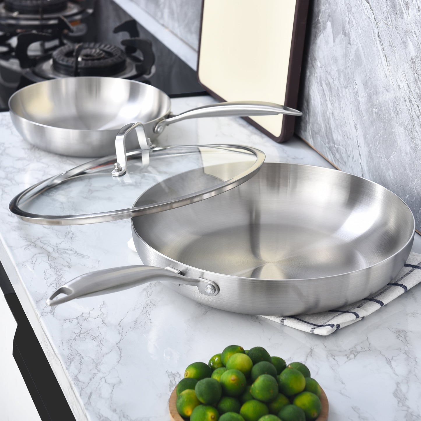 Tri-Ply Stainless Steel Frying Pans Set with Lids,10-12 Inch Skillets,Induction Cookware Set,Dishwasher and Oven Safe,Removable Handle.