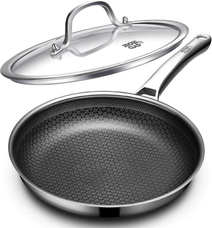 Non Stick Frying Pans 12 Inch, Hybrid Frying Skillets Nonstick with Lid,Non Stick Stainless Steel Pans, Dishwasher and Oven-Safe Chef Pan, Induction Compatible Cooking Pan, PFOA Free Cookware