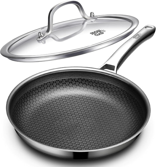 Non Stick Frying Pans 12 Inch, Hybrid Frying Skillets Nonstick with Lid,Non Stick Stainless Steel Pans, Dishwasher and Oven-Safe Chef Pan, Induction Compatible Cooking Pan, PFOA Free Cookware