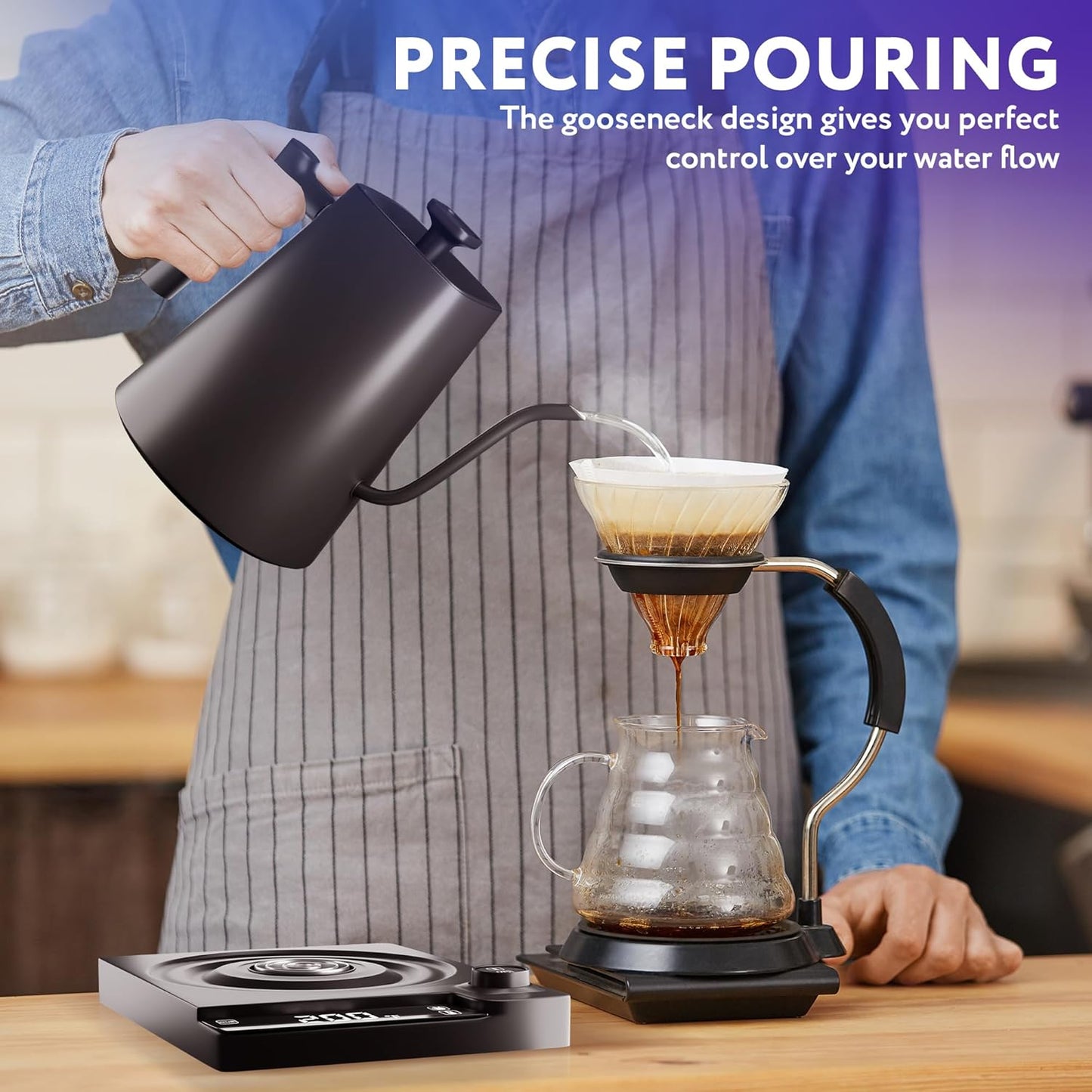 APQ Gooseneck Electric Kettle 30 Oz. Auto Shut-Off Black 1200 W Temperature Control 0.9 L Rapid Heating with LED Display