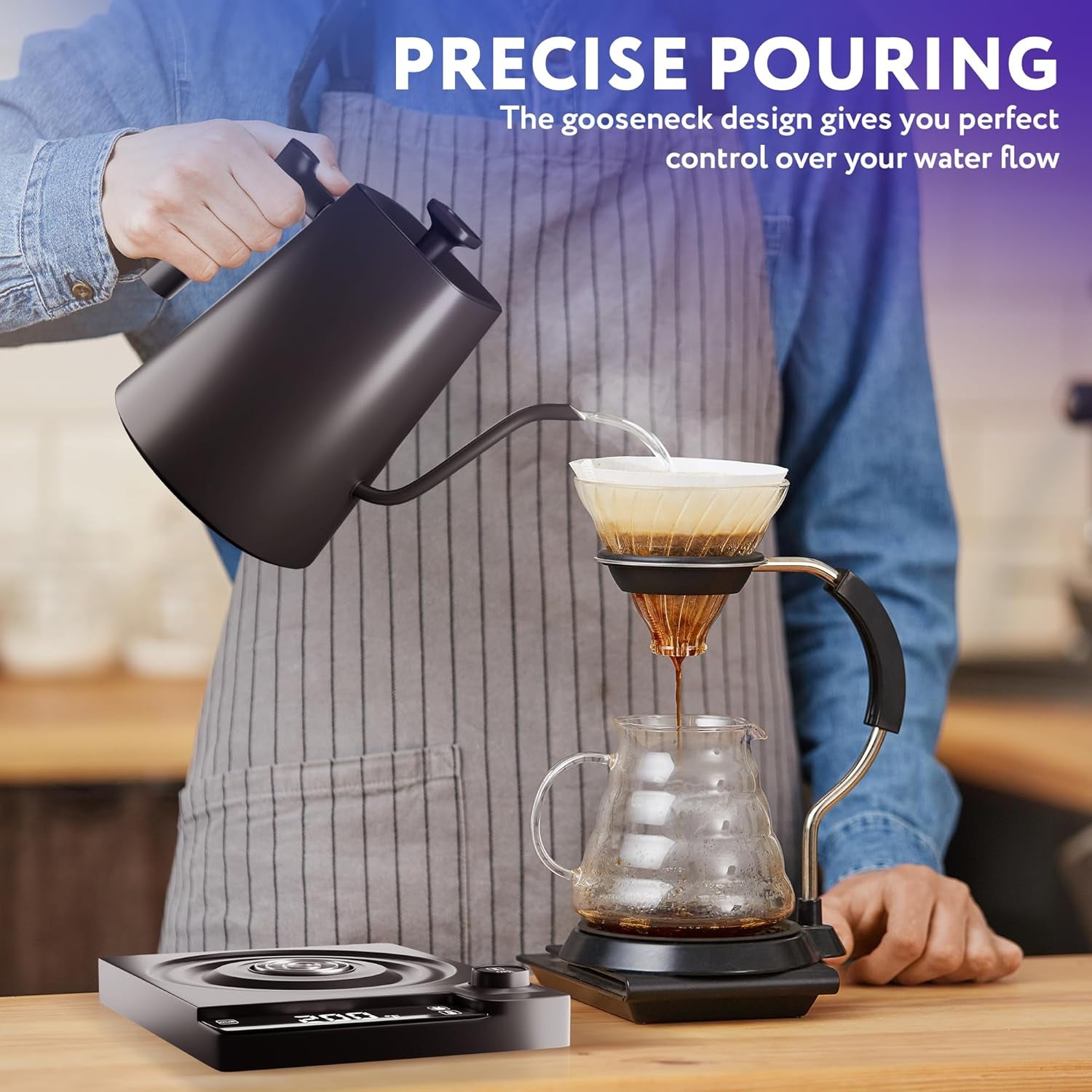 APQ Gooseneck Electric Kettle 30 Oz. Auto Shut-Off Black 1200 W Temperature Control 0.9 L Rapid Heating with LED Display
