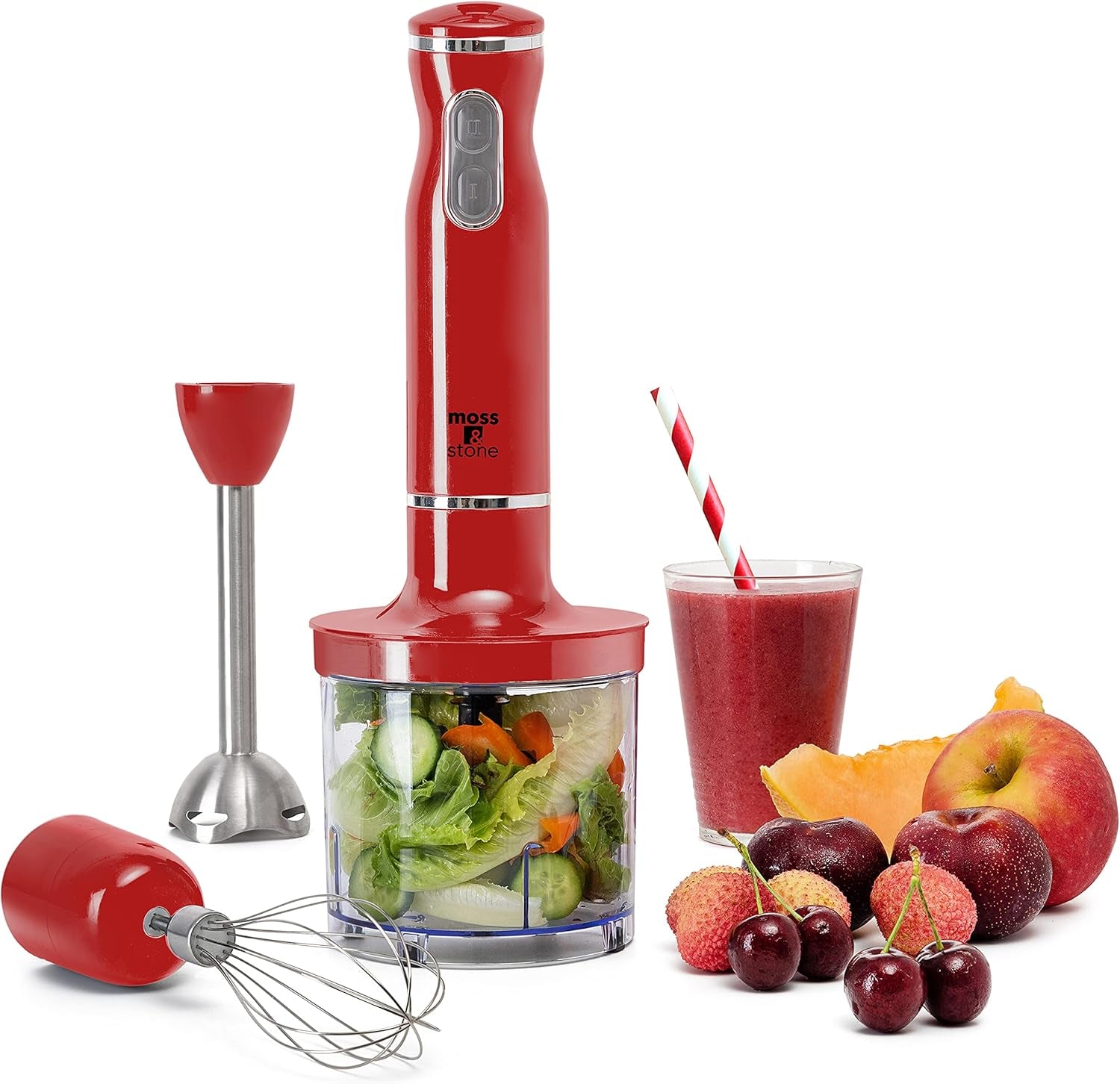 Electric Hand Blender Set, 300W Immersion Hand Blender with Whisk and Chopper, Stainless Steel Shaft and Blades, 2-Speed Handheld Mixer with Ergonomic Grip, Red