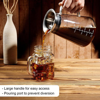 Airtight Cold Brew Coffee (Iced Tea) Maker 51Oz/1.5L, Bpa-Free, Durable Borosilicate Glass Pitcher and Stainless Steel Fine-Mesh Filter, Dishwasher Safe, Spill-Proof, 6 Cups Capacity