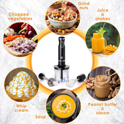 Electric Hand Blender Set, 300W Immersion Hand Blender with Whisk and Chopper, Stainless Steel Shaft and Blades, 2-Speed Handheld Mixer with Ergonomic Grip, Black