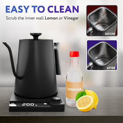 APQ Gooseneck Electric Kettle 30 Oz. Auto Shut-Off Black 1200 W Temperature Control 0.9 L Rapid Heating with LED Display