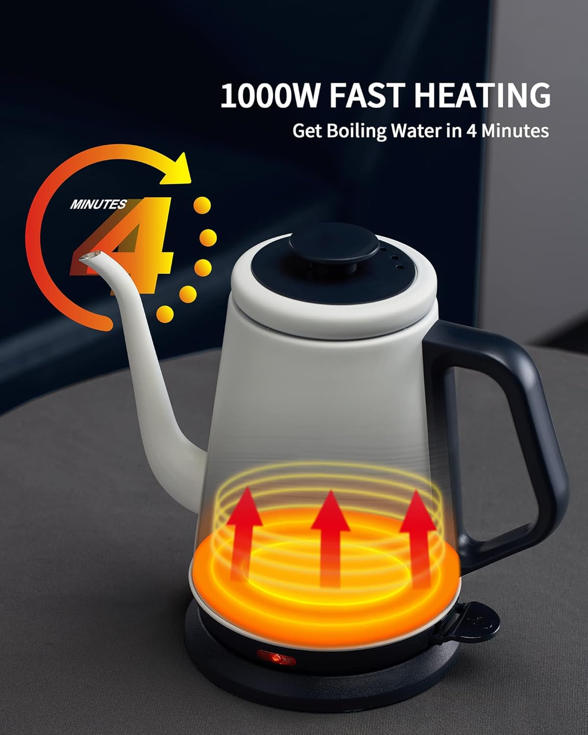 Gooseneck Electric Kettle(1.0L),1000W Electric Tea Kettle of 304 Stainless Steel,Auto Shut Off,Coffee Kettle for Pour over and Tea -White