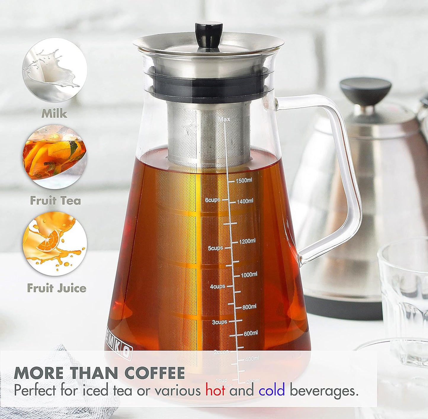 Airtight Cold Brew Coffee (Iced Tea) Maker 51Oz/1.5L, Bpa-Free, Durable Borosilicate Glass Pitcher and Stainless Steel Fine-Mesh Filter, Dishwasher Safe, Spill-Proof, 6 Cups Capacity