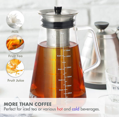 Airtight Cold Brew Coffee (Iced Tea) Maker 51Oz/1.5L, Bpa-Free, Durable Borosilicate Glass Pitcher and Stainless Steel Fine-Mesh Filter, Dishwasher Safe, Spill-Proof, 6 Cups Capacity
