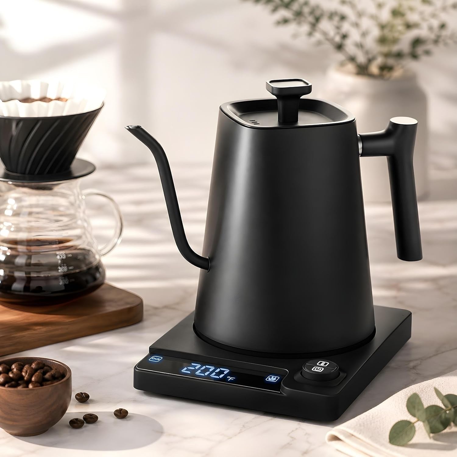 APQ Gooseneck Electric Kettle 30 Oz. Auto Shut-Off Black 1200 W Temperature Control 0.9 L Rapid Heating with LED Display