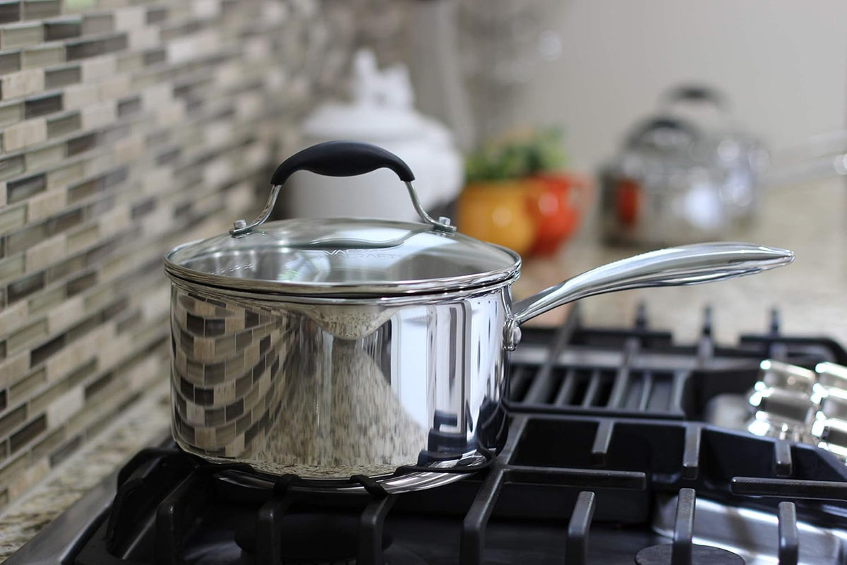 3.5 Quart Tri-Ply Stainless Steel Saucepan with Glass Strainer Lid