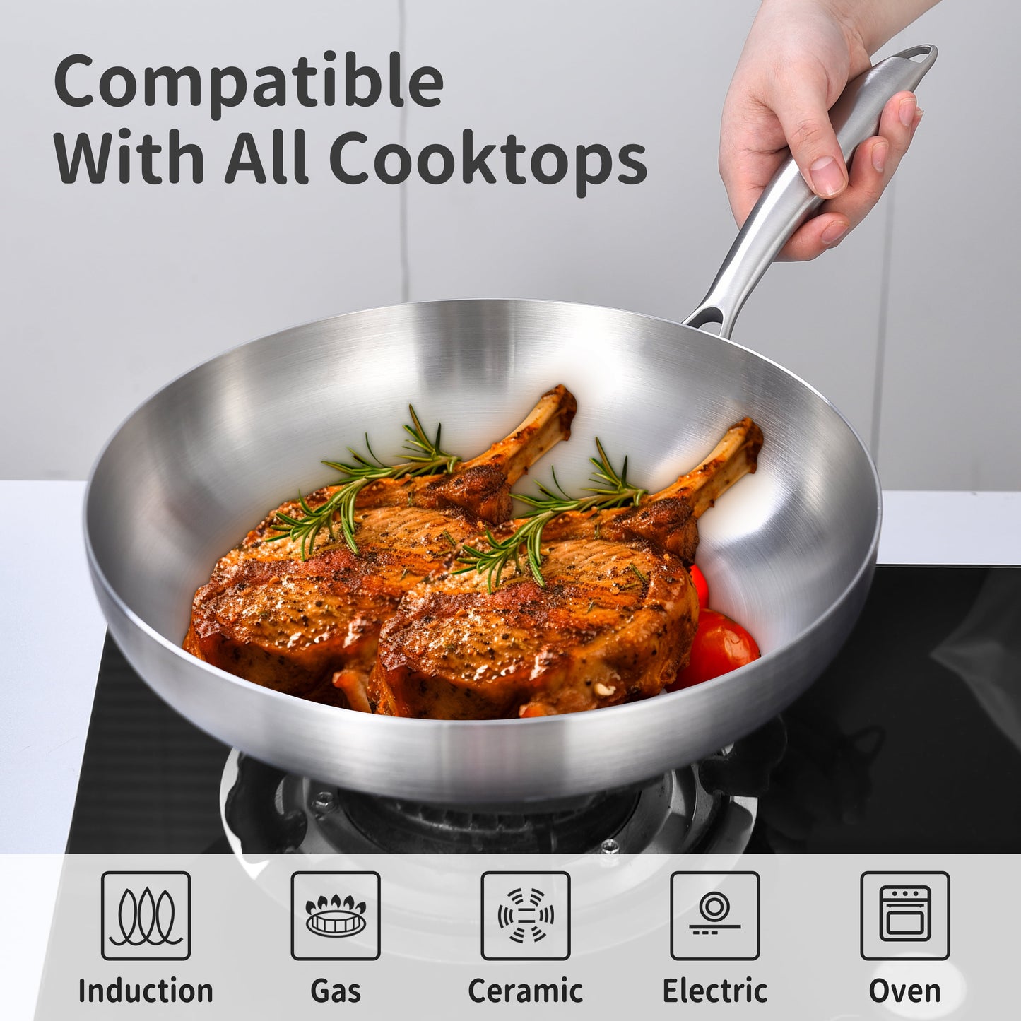 Tri-Ply Stainless Steel Frying Pans Set with Lids,10-12 Inch Skillets,Induction Cookware Set,Dishwasher and Oven Safe,Removable Handle.