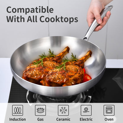 Tri-Ply Stainless Steel Frying Pans Set with Lids,10-12 Inch Skillets,Induction Cookware Set,Dishwasher and Oven Safe,Removable Handle.