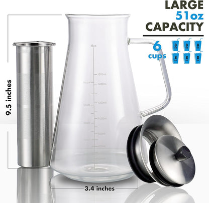 Airtight Cold Brew Coffee (Iced Tea) Maker 51Oz/1.5L, Bpa-Free, Durable Borosilicate Glass Pitcher and Stainless Steel Fine-Mesh Filter, Dishwasher Safe, Spill-Proof, 6 Cups Capacity