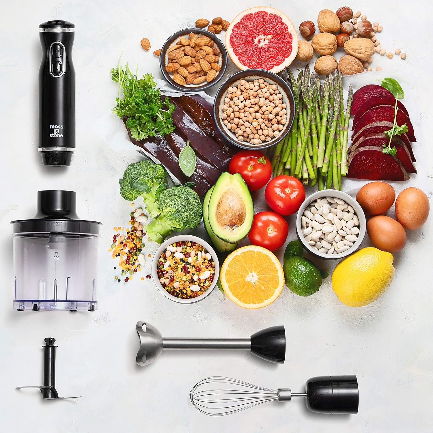 Electric Hand Blender Set, 300W Immersion Hand Blender with Whisk and Chopper, Stainless Steel Shaft and Blades, 2-Speed Handheld Mixer with Ergonomic Grip, Black