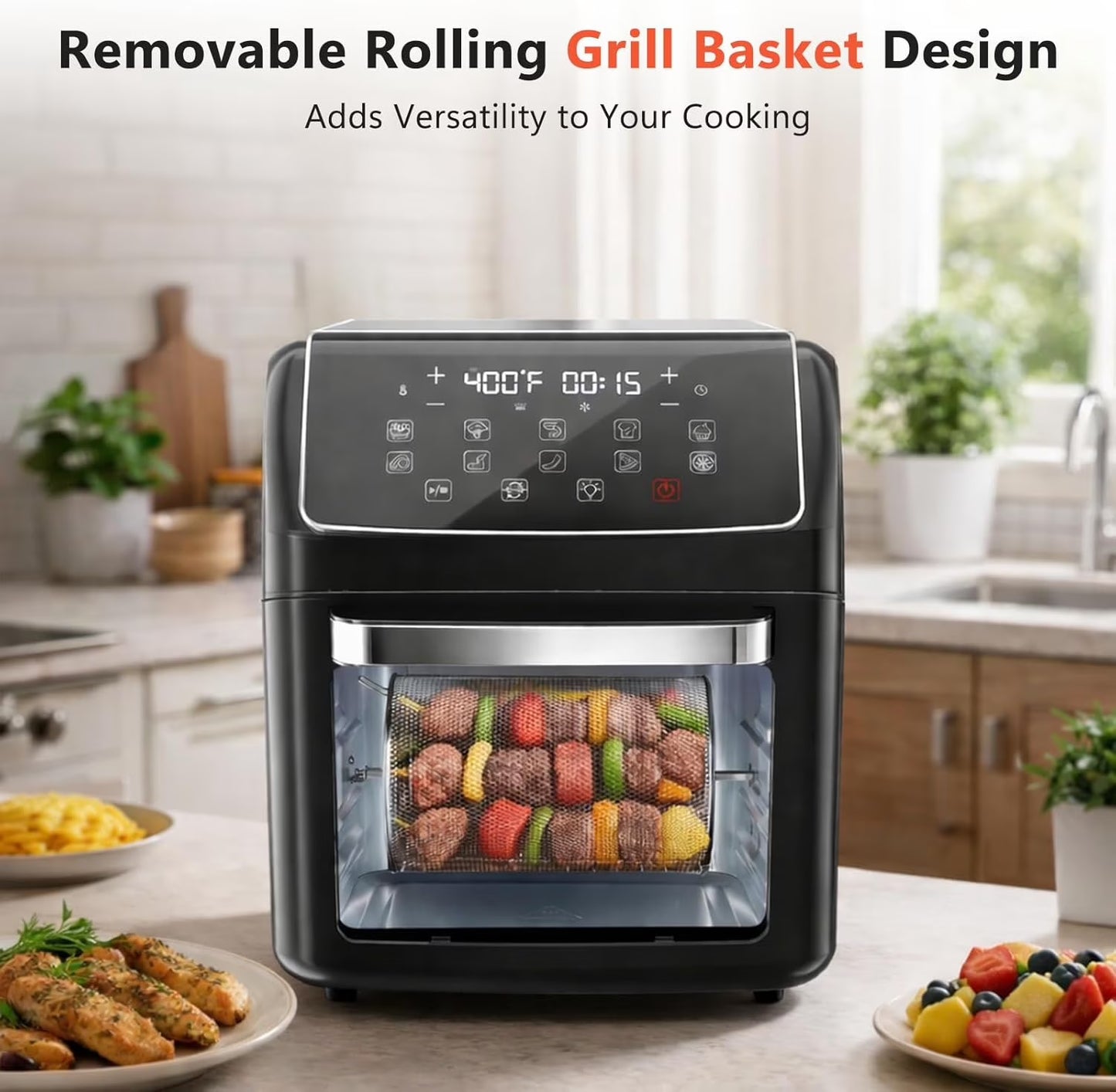 12 QT Air Fryer Toaster Oven, View Windows and Timer with 10 Preset Cooking Modes, MAX 400℉ for Crispy, 85% Less Oil, Fast Roast, Preheat, Shake, Bake