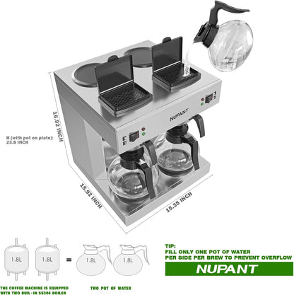 Dual Drip Commercial Coffee Maker, 200 Cup/Hour, 7.2L Pour over Coffee Machine with 4 Glass Carafe and 4 Warmers, Stainless Steel Double Coffee Brewer Staition for Restaurant and COFFEE Bar