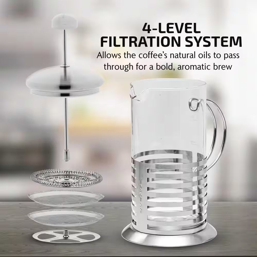 4.5 Cup Stainless Steel French Press Cafetiere Coffee and Tea Maker with 4-Level Mesh Filter