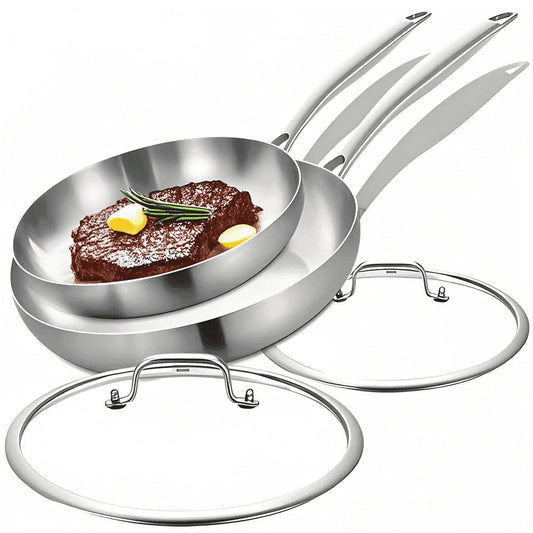 Tri-Ply Stainless Steel Frying Pans Set with Lids,10-12 Inch Skillets,Induction Cookware Set,Dishwasher and Oven Safe,Removable Handle.