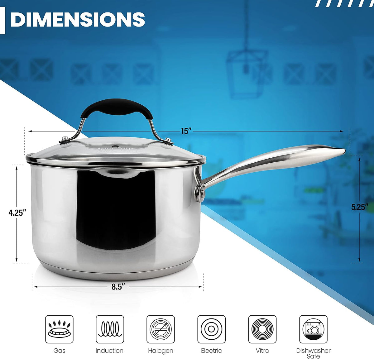 3.5 Quart Stainless Steel Saucepan with Glass Strainer Lid