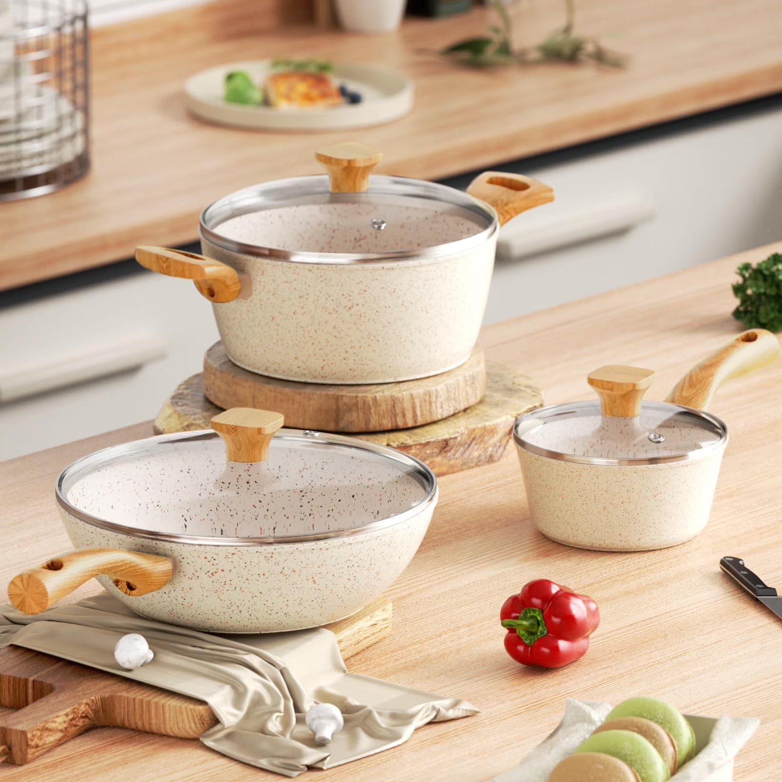 6 Pcs Nonstick Frying Pan Set White with Lids Granite Cookware Healthy Cookware Induction Skillet
