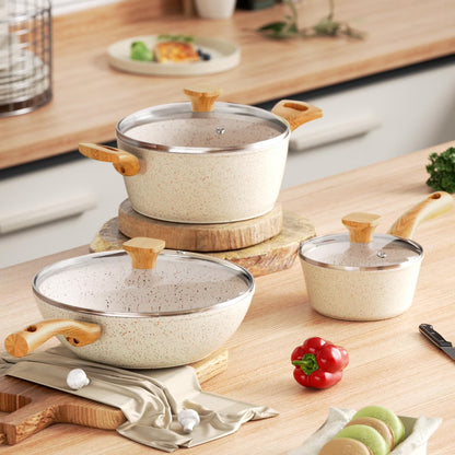 6 Pcs Nonstick Frying Pan Set White with Lids Granite Cookware Healthy Cookware Induction Skillet