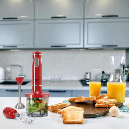 Electric Hand Blender Set, 300W Immersion Hand Blender with Whisk and Chopper, Stainless Steel Shaft and Blades, 2-Speed Handheld Mixer with Ergonomic Grip, Red