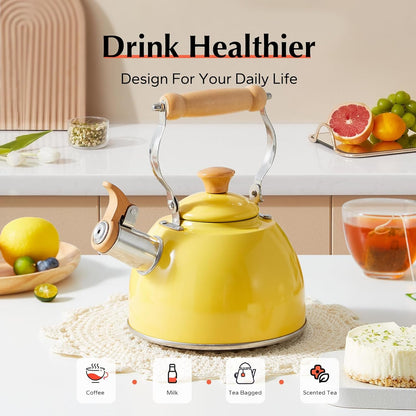Tea Kettle, Tea Pot with Cool Touch Ergonomic Handle, Teapot Food Grade Stainless Steel, Tea Kettle Stovetop, Kettle Teapot, Whistling Tea Kettle, Small Tea Kettles, 1.6 Quart (Yellow)