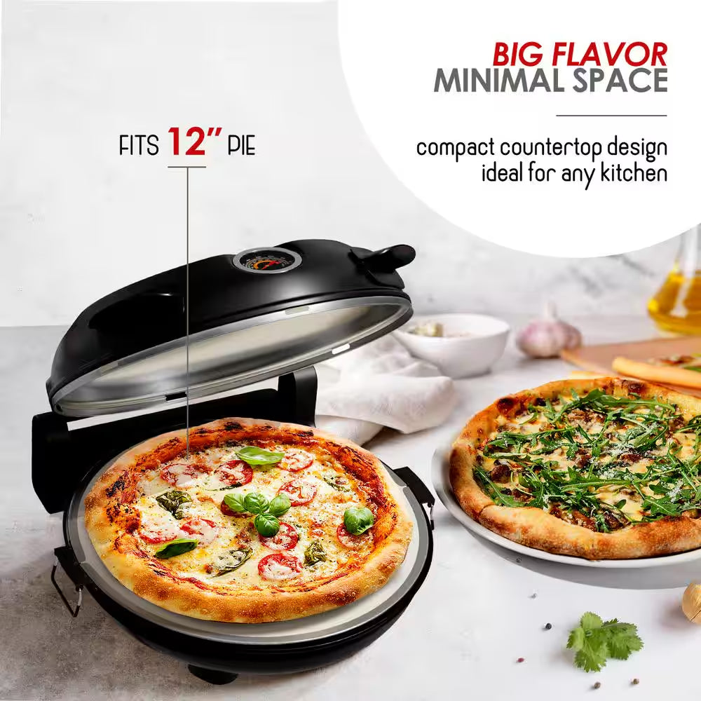12 In. Black Countertop Indoor Grill Oven Electric Stone Pizza Oven Maker with 2 Pizza Peals, Scraper, Cutter, Cookbook