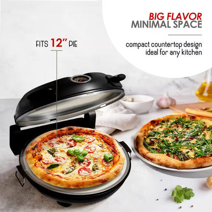 12 In. Black Countertop Indoor Grill Oven Electric Stone Pizza Oven Maker with 2 Pizza Peals, Scraper, Cutter, Cookbook