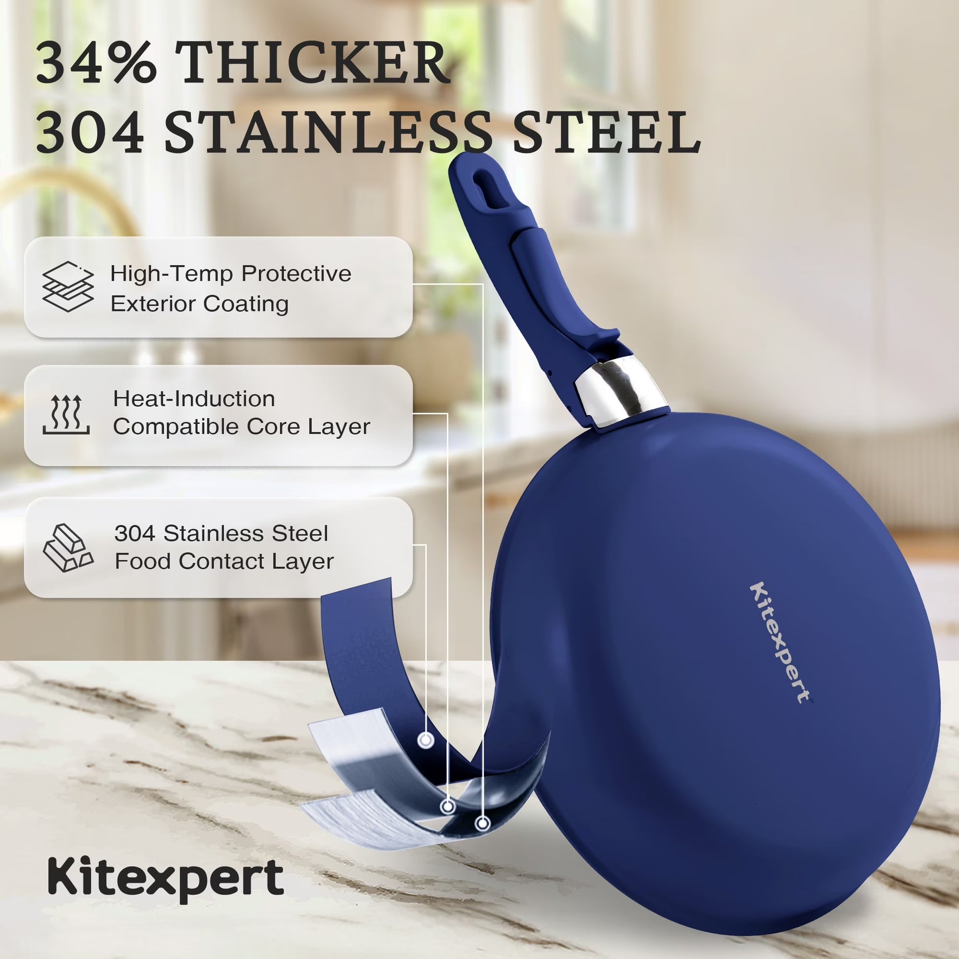 Non Toxic Stainless Steel Frying Pan Set (8",10",12"), Tri-Ply Nonstick Skillet Pans with Removable Handles, Dishwasher & Oven Safe, All Stovetops Compatible, Blue