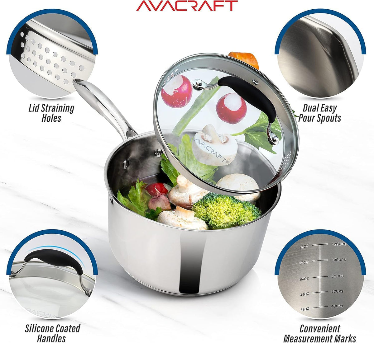 3.5 Quart Stainless Steel Saucepan with Glass Strainer Lid