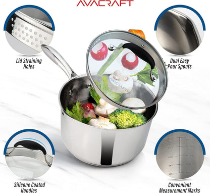 3.5 Quart Stainless Steel Saucepan with Glass Strainer Lid