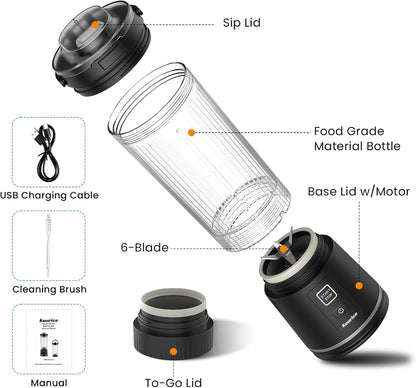 Personal Size Portable Blender for Shakes & Smoothies, 16Oz Mini Small Smoothie Blender with on Go Lid & Sip Lid, 26000RPM Rechargeable Cordless Electric Blender for Travel Gym Office