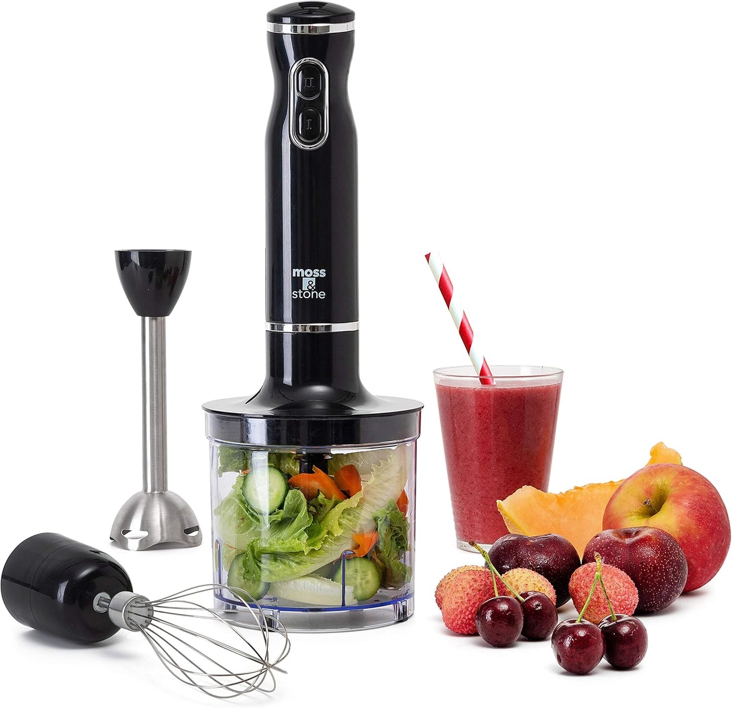 Electric Hand Blender Set, 300W Immersion Hand Blender with Whisk and Chopper, Stainless Steel Shaft and Blades, 2-Speed Handheld Mixer with Ergonomic Grip, Black